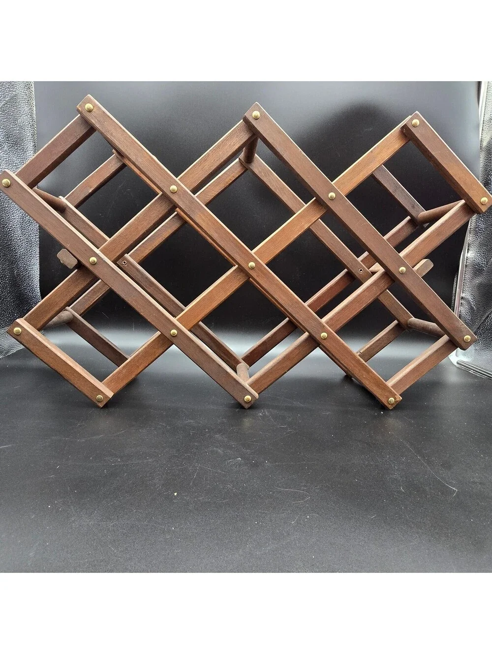 Vintage Wood Accordion Wine Rack Collapsible 8-Bottle Mid Century Barware
